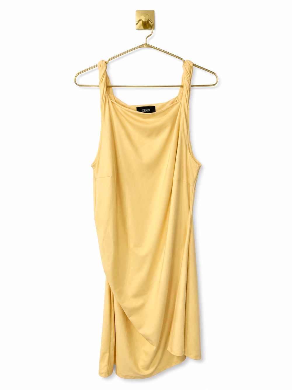 Cider Yellow Asymmetrical Knot-Shoulder Midi Dress